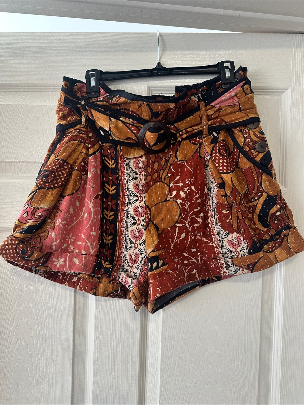 Free People Patchwork High-Waist Shorts in Rust, Pink & Mustard